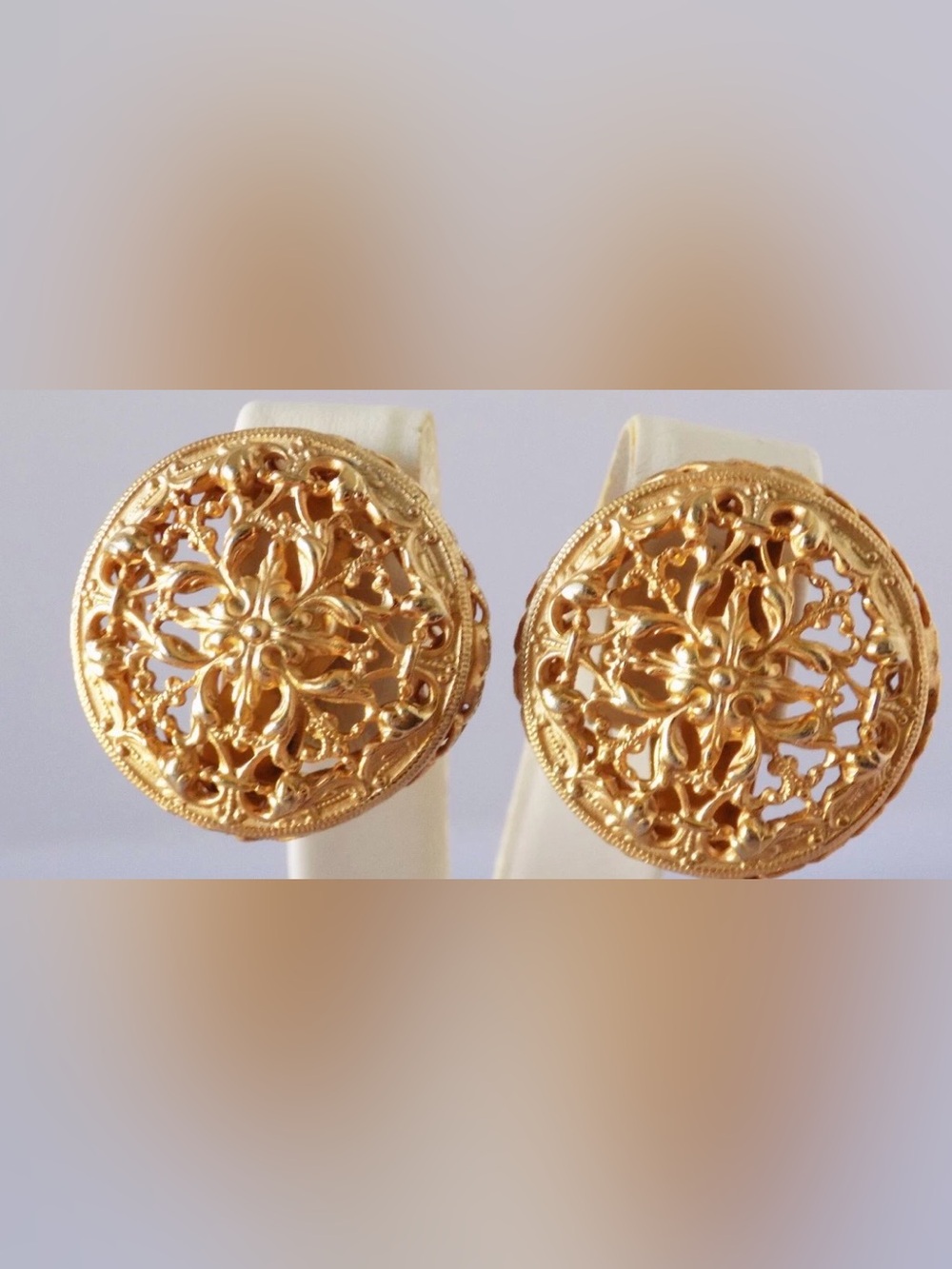 Elegant Filigree Round Gold-Tone Clip Earrings - vintage